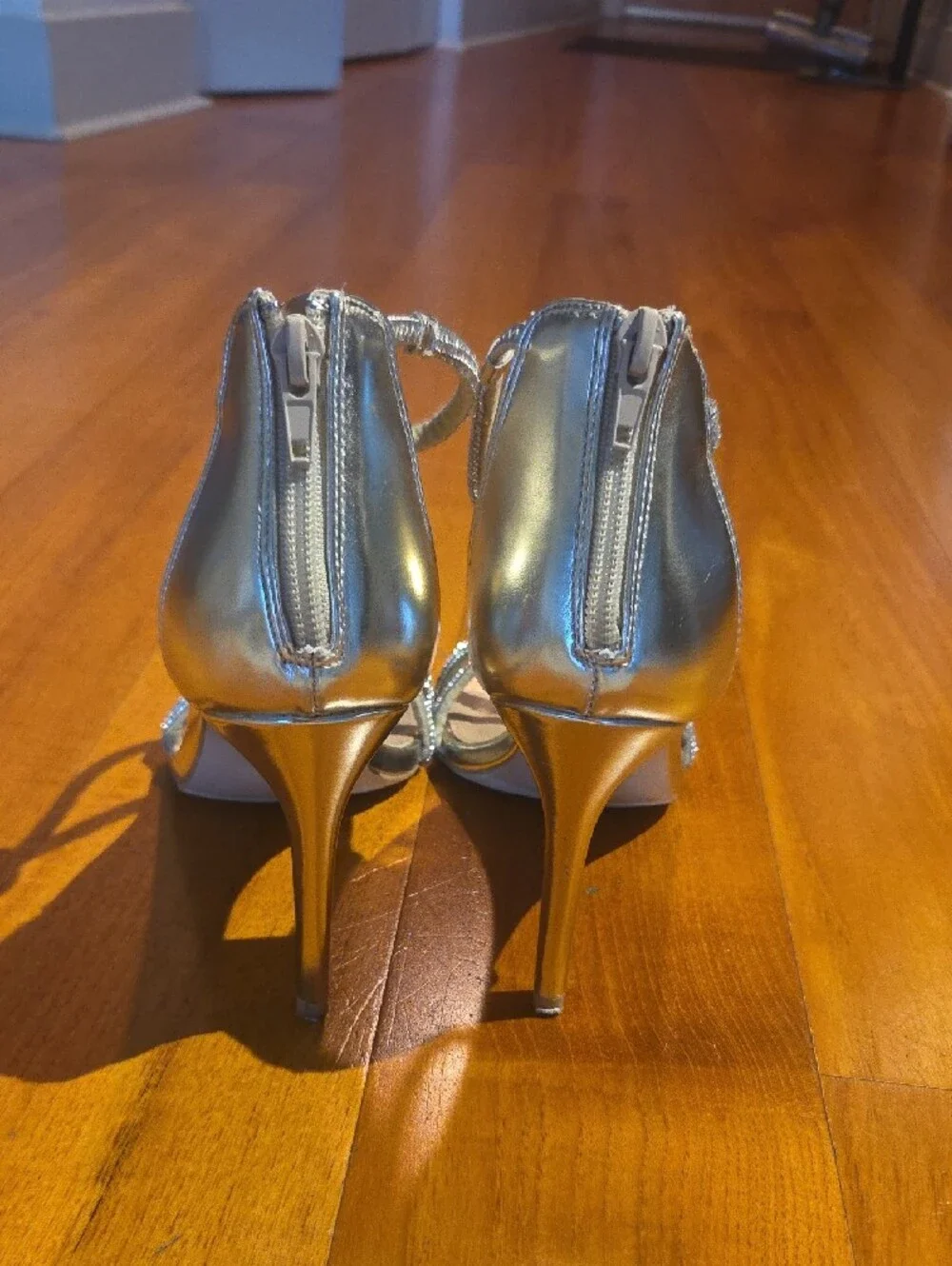 BCBGeneration Silver Strappy Rhinestone Heels
